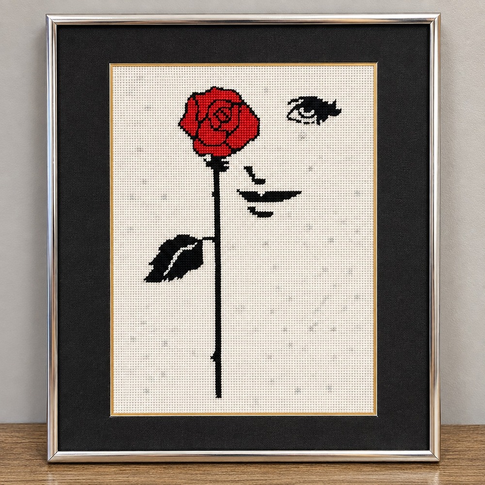 Vintage Framed Long Stem Red Rose Cross Stitch Needlepoint Art Wall Decor 12x16